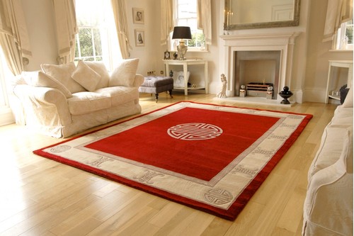 100% Wool Red Premier Superwashed Chinese Rug Design Handknotted in China with a 25mm pile