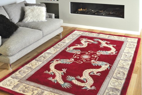 100% Wool Red Premier Superwashed Chinese Rug Design Handknotted in China with a 25mm pile
